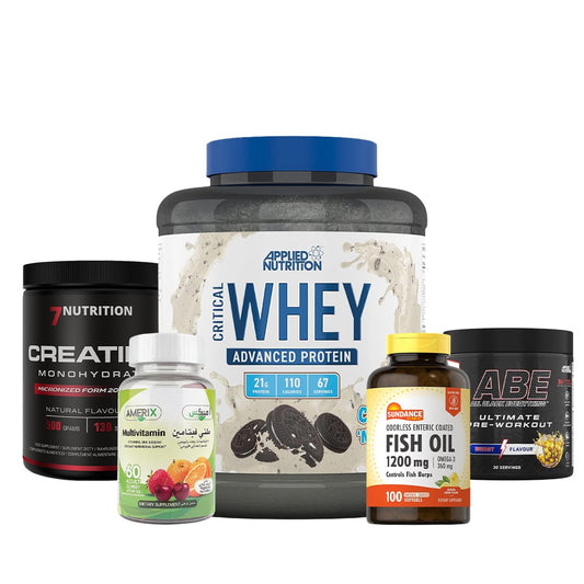 Critical Whey 2KG + ABE Pre Workout 30 SERV + 7 Nutrition Creatine 100 serv + Amerix Multi Vitamin 60 Gummies + Fish oil 100 Sofgel ( Combo )