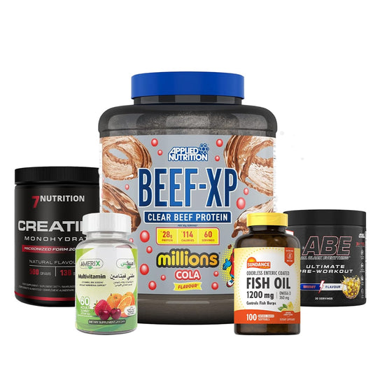 Beef-XP 1.8kg + ABE Pre Workout 30 SERV + 7 Nutrition Creatine 100 serv + Amerix Multi Vitamin 60 Gummies + Fish oil 100 Sofgel ( Combo )