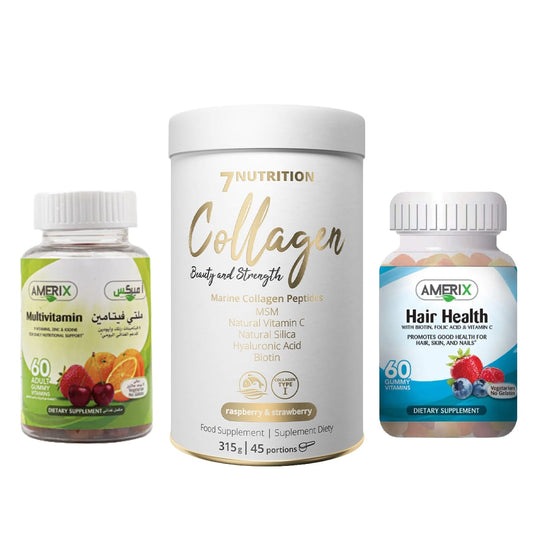 Hair Health Course ( 7Nutrition Collagen 45 Serv + Amerix Multivitamin 60 Gummies + Amerix Hair Health 60 Gummies )