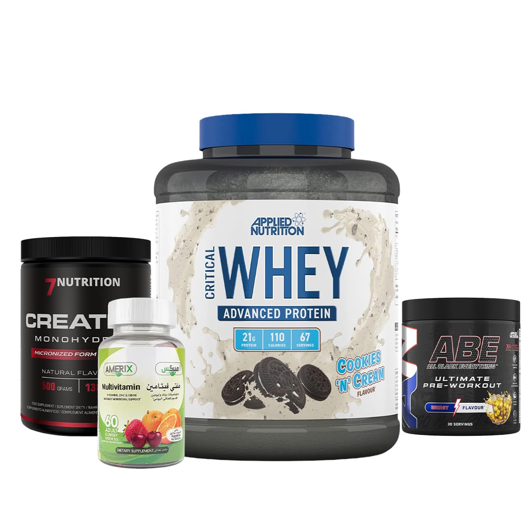 Critical Whey 2kg + ABE Pre Workout 30 SERV + 7 Nutrition Creatine 100 serv + Amerix Multivitamin 60 Gummies ( Combo )