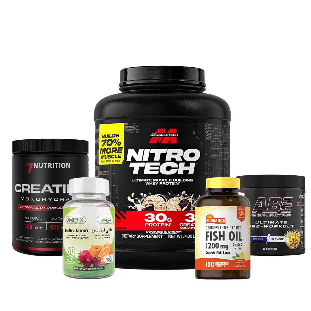 Nitrotech Whey 1.8kg + ABE Pre Workout 30 SERV + 7 Nutrition Creatine 100 serv + Amerix Multi Vitamin 60 Gummies + Fish oil 100 Sofgel ( Combo )