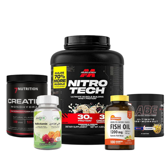 Nitrotech Whey 1.8kg + ABE Pre Workout 30 SERV + 7 Nutrition Creatine 100 serv + Amerix Multi Vitamin 60 Gummies + Fish oil 100 Sofgel ( Combo )