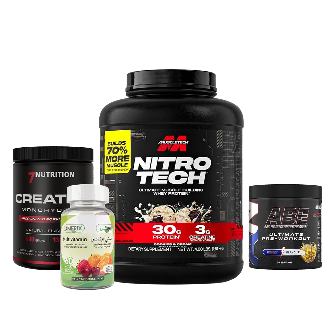 Nitrotech whey 1.8kg + ABE Pre Workout 30 SERV + 7 Nutrition Creatine 100 serv + Amerix Multivitamin 60 Gummies  ( Combo )